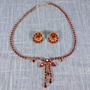 1960s Vintage Jewelry Set: Matching Clip Earrings & Necklace w Red Rhinestones